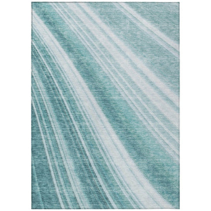 9' X 12' Teal Blue Turquoise And Aqua Striped Washable Indoor Outdoor Area Rug