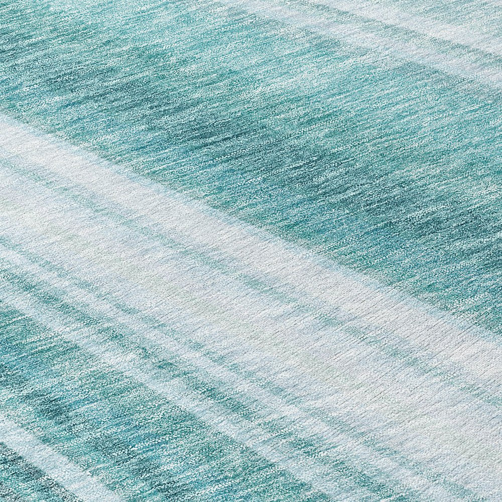 9' X 12' Teal Blue Turquoise And Aqua Striped Washable Indoor Outdoor Area Rug