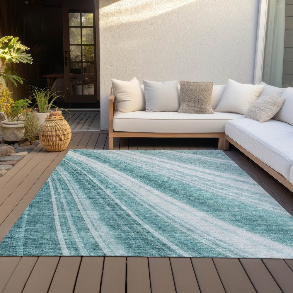 9' X 12' Teal Blue Turquoise And Aqua Striped Washable Indoor Outdoor Area Rug