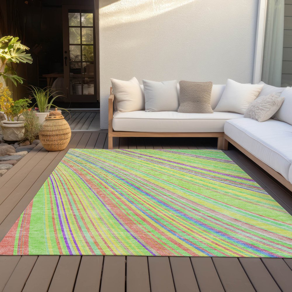9' X 12' Teal Blue Turquoise And Aqua Striped Washable Indoor Outdoor Area Rug