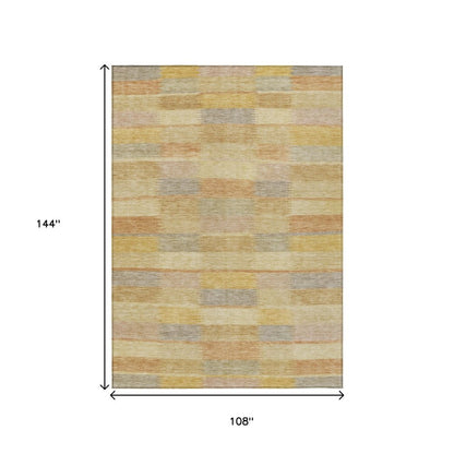 9' X 12' Wheat Beige And Gold Striped Washable Indoor Outdoor Area Rug