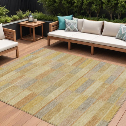 9' X 12' Wheat Beige And Gold Striped Washable Indoor Outdoor Area Rug