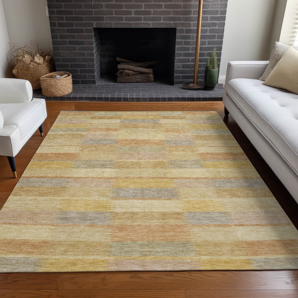 9' X 12' Wheat Beige And Gold Striped Washable Indoor Outdoor Area Rug