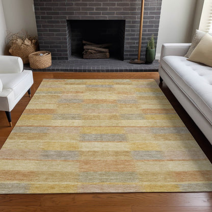 9' X 12' Wheat Beige And Gold Striped Washable Indoor Outdoor Area Rug