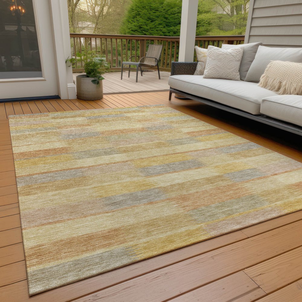 9' X 12' Wheat Beige And Gold Striped Washable Indoor Outdoor Area Rug