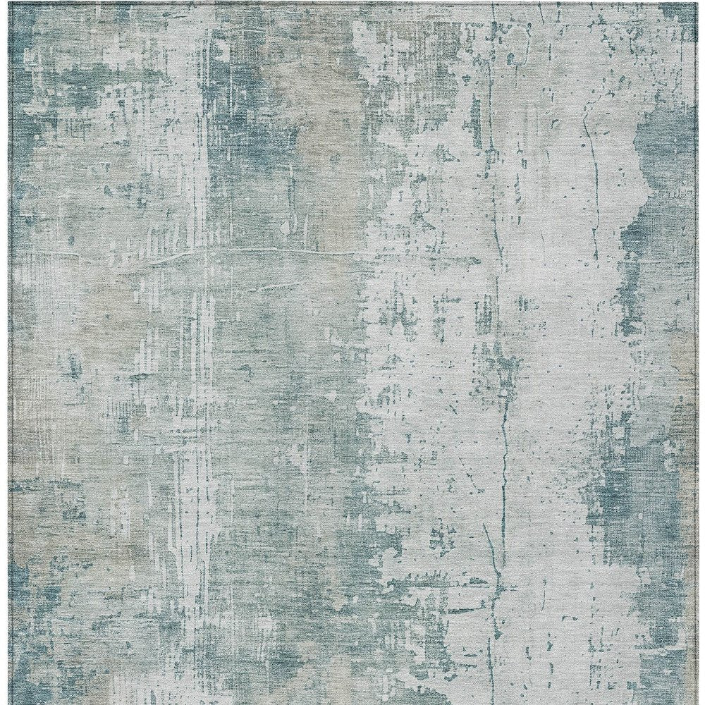 9' X 12' Turquoise And Ivory Abstract Washable Indoor Outdoor Area Rug