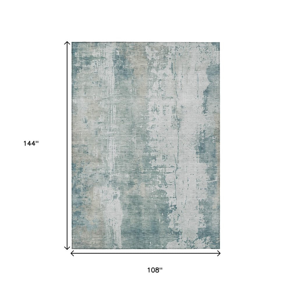 9' X 12' Turquoise And Ivory Abstract Washable Indoor Outdoor Area Rug