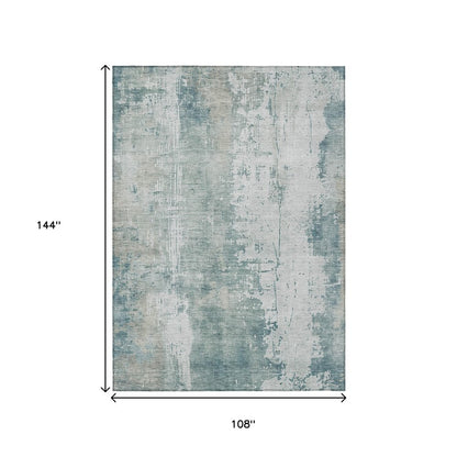 9' X 12' Turquoise And Ivory Abstract Washable Indoor Outdoor Area Rug