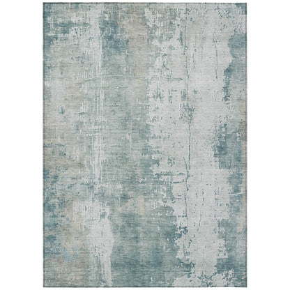 9' X 12' Turquoise And Ivory Abstract Washable Indoor Outdoor Area Rug