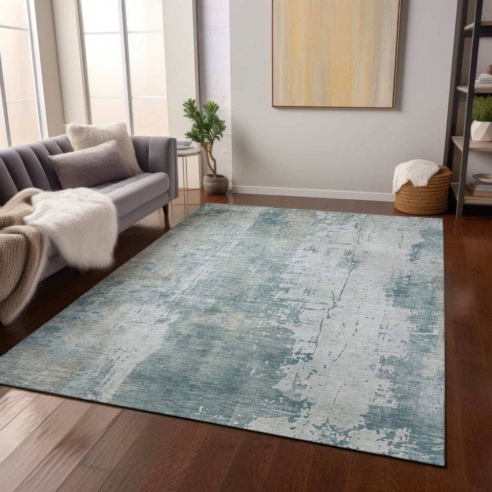 9' X 12' Turquoise And Ivory Abstract Washable Indoor Outdoor Area Rug