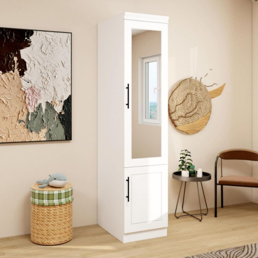 Cómoda combinada de dos puertas con espejo de madera blanca de 71"