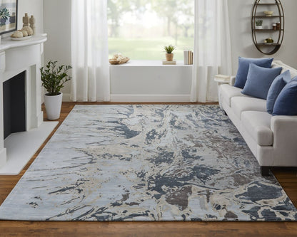 9' X 12' Ivory Taupe And Green Abstract Hand Tufted Distressed Area Rug