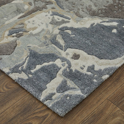 9' X 12' Ivory Taupe And Green Abstract Hand Tufted Distressed Area Rug