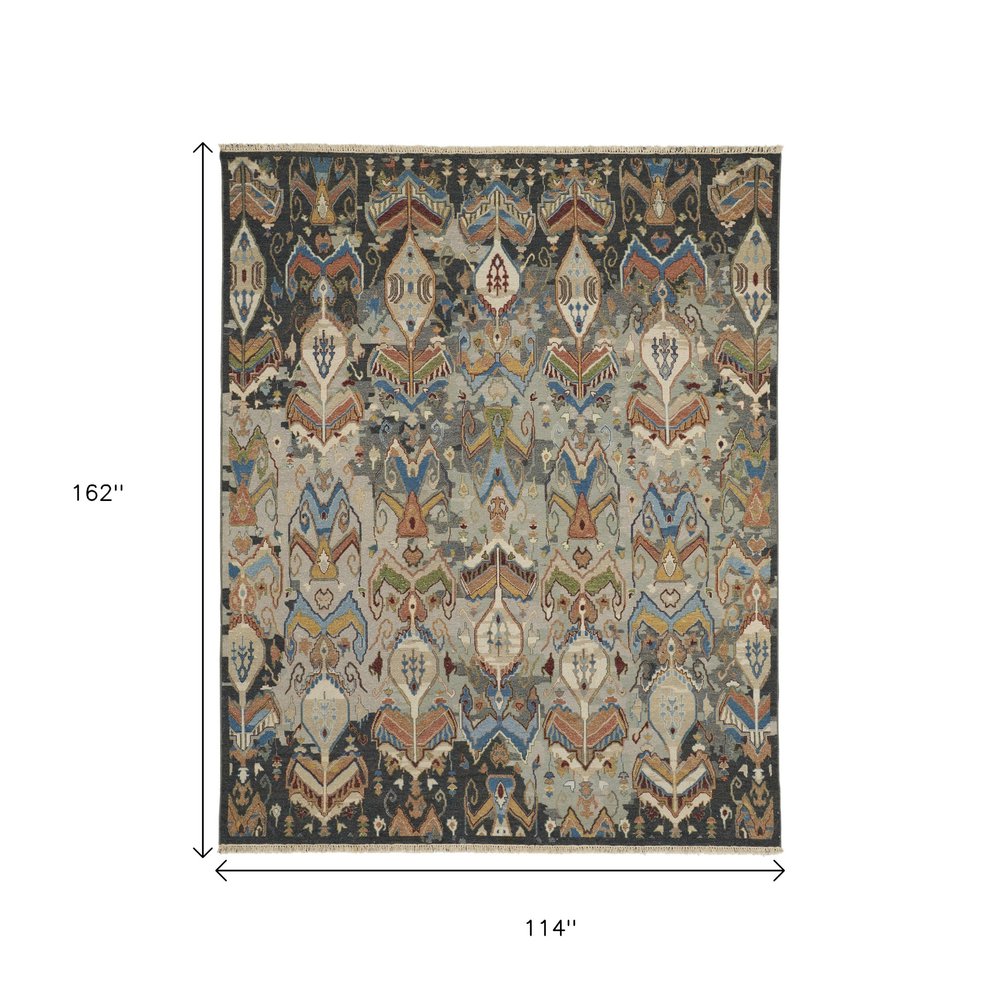 9' X 13' Blue Gray And Brown Ikat Hand Knotted Area Rug With Fringe