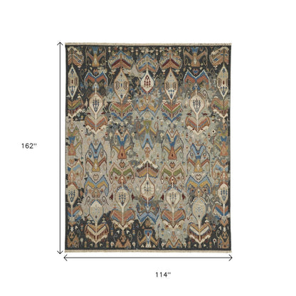 9' X 13' Blue Gray And Brown Ikat Hand Knotted Area Rug With Fringe