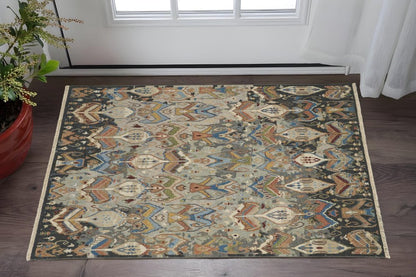 9' X 13' Blue Gray And Brown Ikat Hand Knotted Area Rug With Fringe