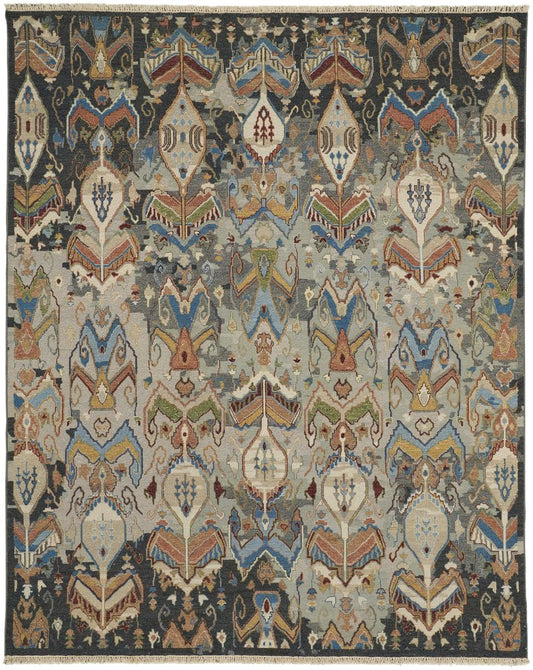 9' X 13' Blue Gray And Brown Ikat Hand Knotted Area Rug With Fringe