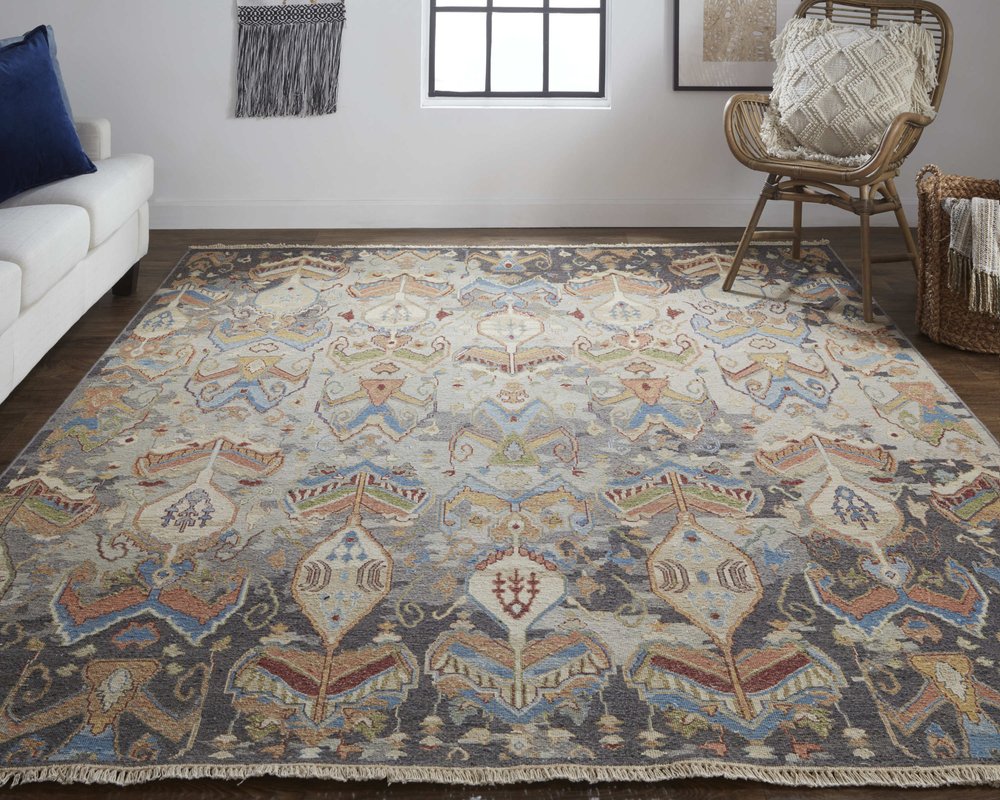 9' X 13' Blue Gray And Brown Ikat Hand Knotted Area Rug With Fringe