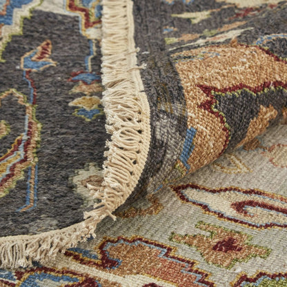 9' X 13' Blue Gray And Brown Ikat Hand Knotted Area Rug With Fringe