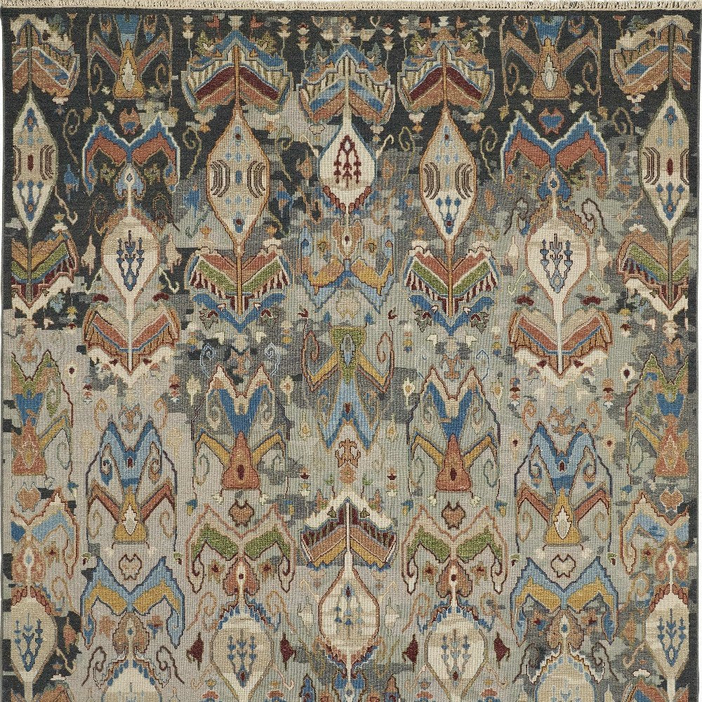 9' X 13' Blue Gray And Brown Ikat Hand Knotted Area Rug With Fringe
