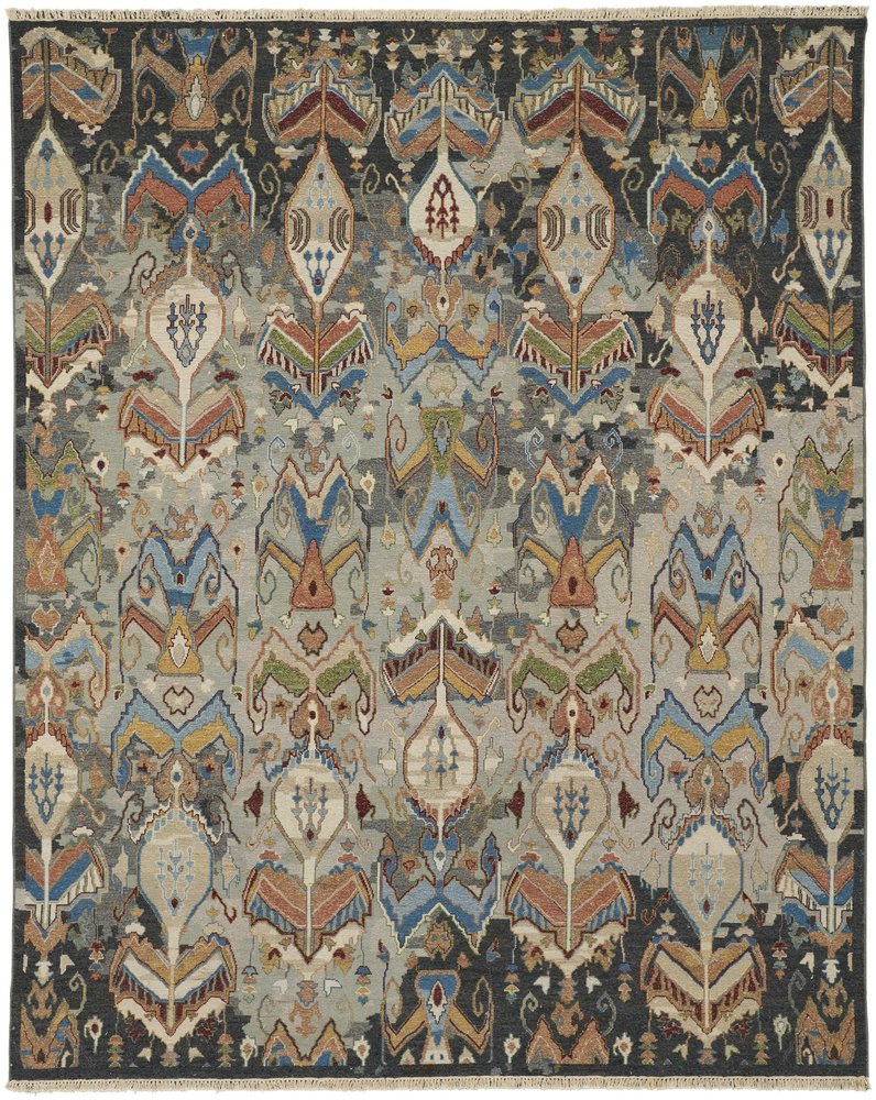 9' X 13' Blue Gray And Brown Ikat Hand Knotted Area Rug With Fringe