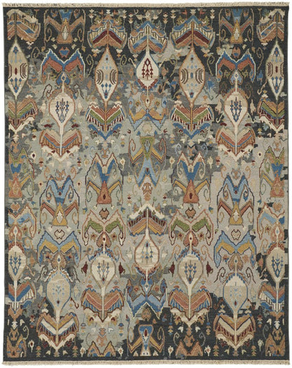 9' X 13' Blue Gray And Brown Ikat Hand Knotted Area Rug With Fringe