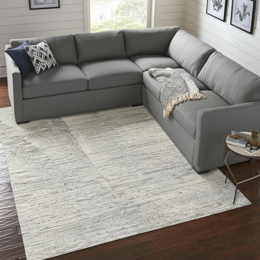 9' X 13' Ivory And Gray Abstract Hand Knotted Distressed Area Rug