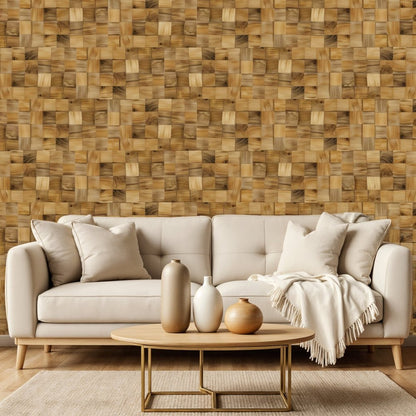 Brown 3D Embossed Block Teak Reclaimed Wood Decorative Wall Panels