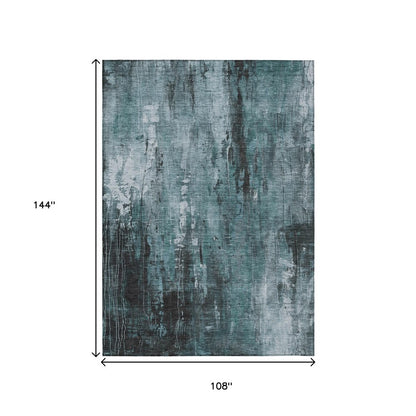 9' X 12' Teal Blue Gray And Ivory Abstract Washable Indoor Outdoor Area Rug