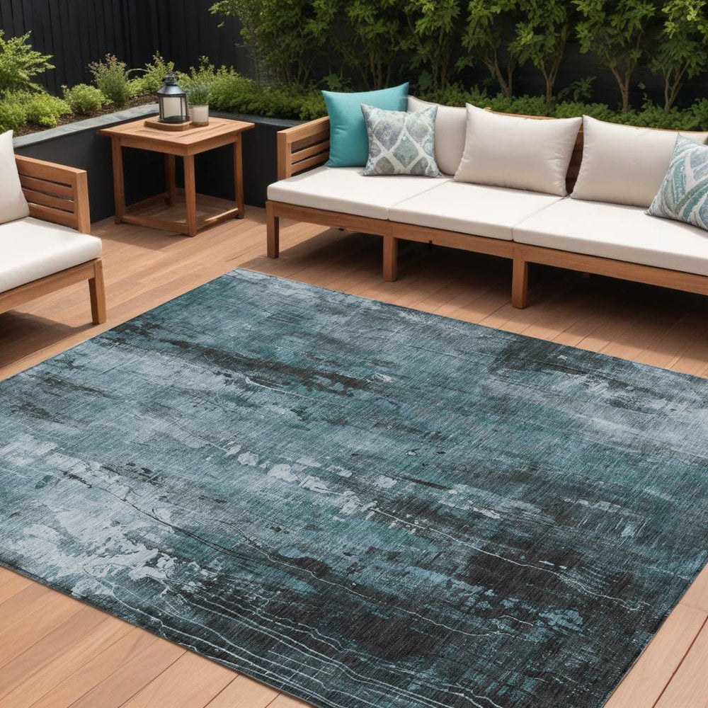 9' X 12' Teal Blue Gray And Ivory Abstract Washable Indoor Outdoor Area Rug
