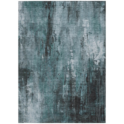 9' X 12' Teal Blue Gray And Ivory Abstract Washable Indoor Outdoor Area Rug