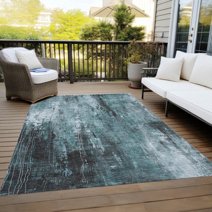 9' X 12' Teal Blue Gray And Ivory Abstract Washable Indoor Outdoor Area Rug