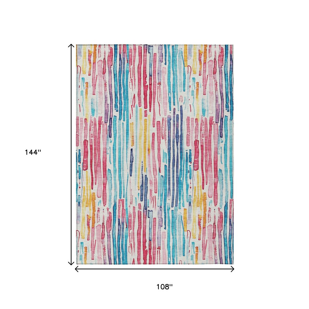 9' X 12' White Pink And Teal Blue Striped Washable Indoor Outdoor Area Rug