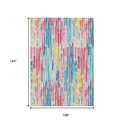 9' X 12' White Pink And Teal Blue Striped Washable Indoor Outdoor Area Rug