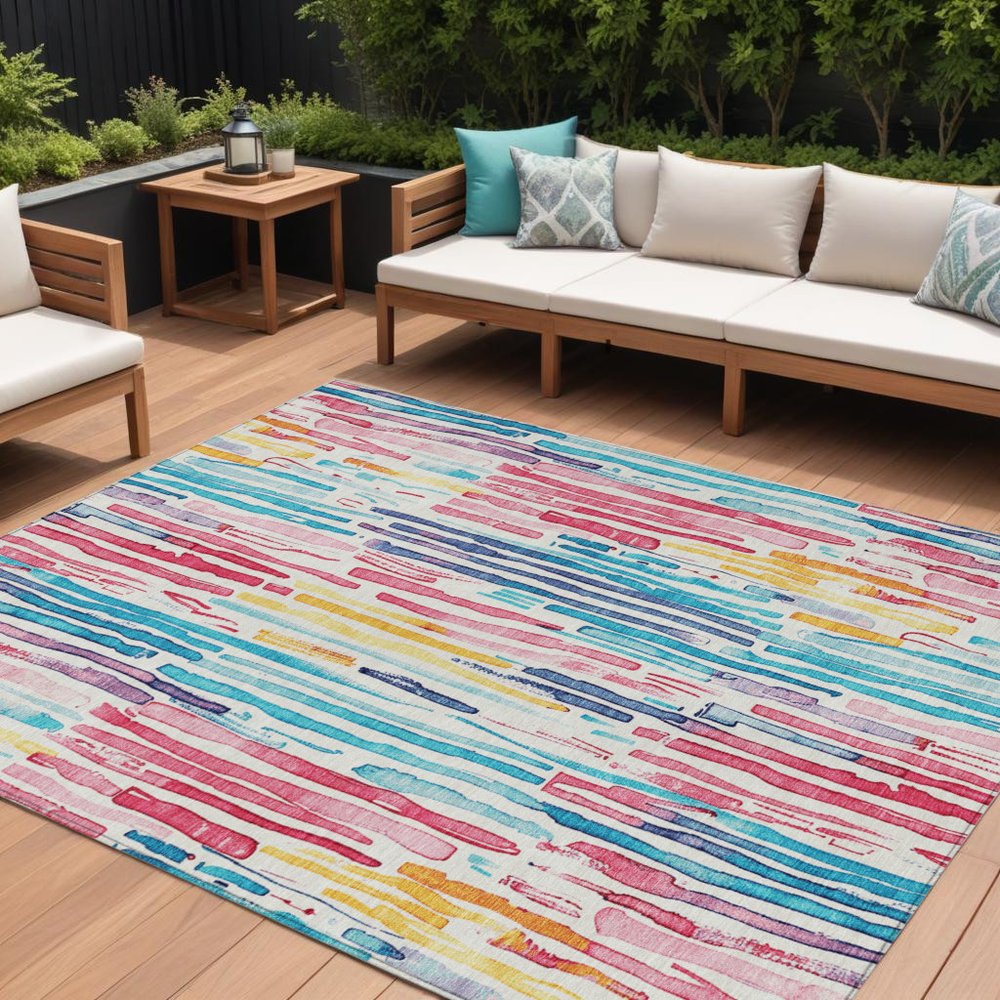 9' X 12' White Pink And Teal Blue Striped Washable Indoor Outdoor Area Rug