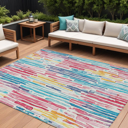 9' X 12' White Pink And Teal Blue Striped Washable Indoor Outdoor Area Rug