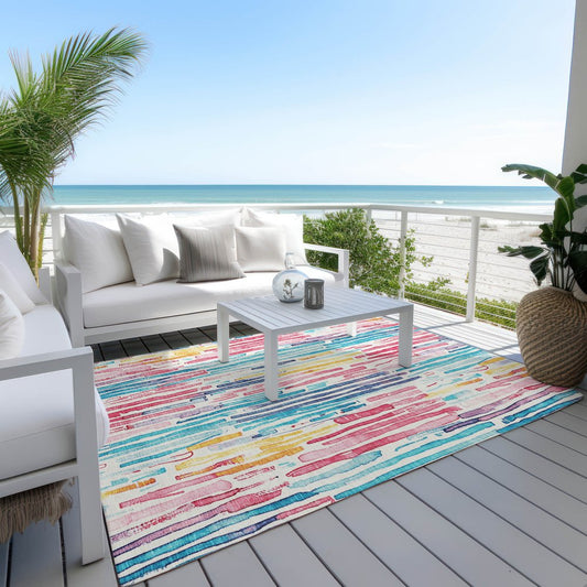 9' X 12' White Pink And Teal Blue Striped Washable Indoor Outdoor Area Rug