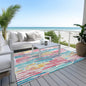 9' X 12' White Pink And Teal Blue Striped Washable Indoor Outdoor Area Rug