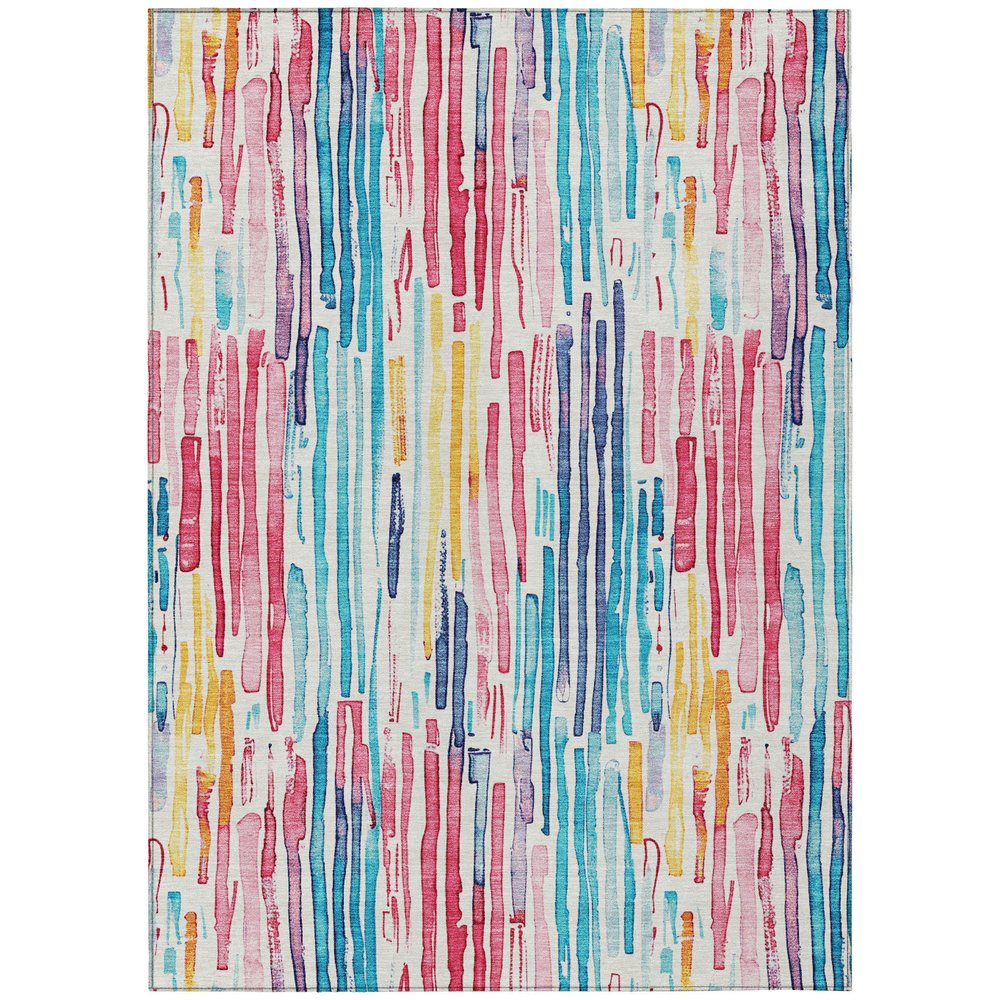 9' X 12' White Pink And Teal Blue Striped Washable Indoor Outdoor Area Rug