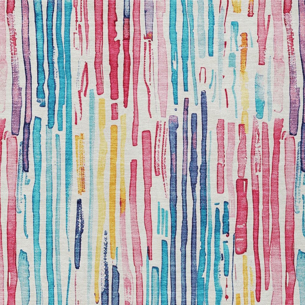 9' X 12' White Pink And Teal Blue Striped Washable Indoor Outdoor Area Rug