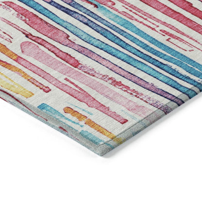 9' X 12' White Pink And Teal Blue Striped Washable Indoor Outdoor Area Rug