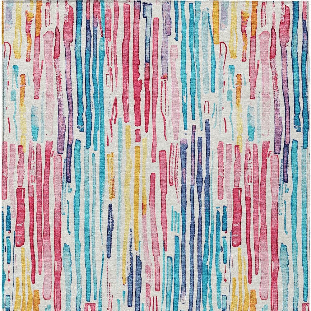 9' X 12' White Pink And Teal Blue Striped Washable Indoor Outdoor Area Rug