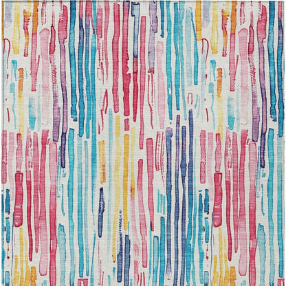 9' X 12' White Pink And Teal Blue Striped Washable Indoor Outdoor Area Rug