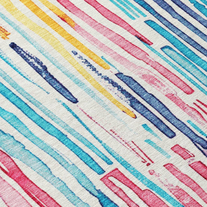 9' X 12' White Pink And Teal Blue Striped Washable Indoor Outdoor Area Rug