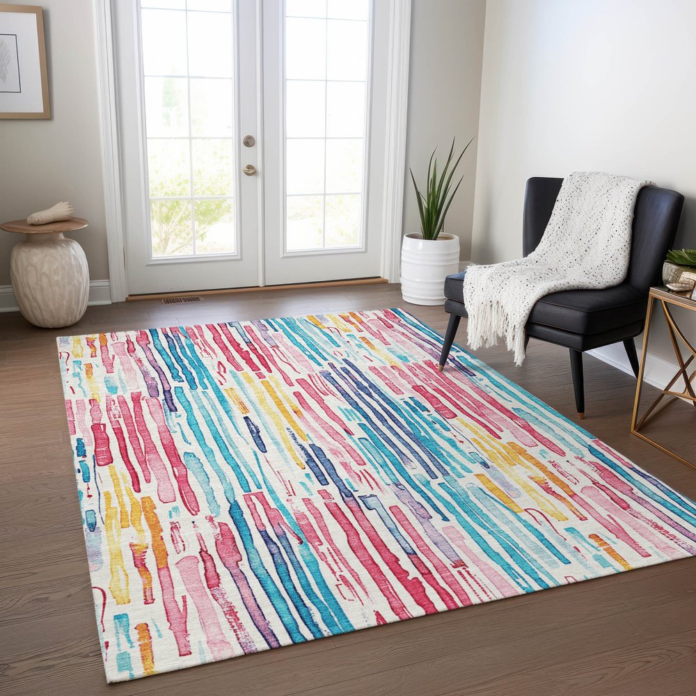 9' X 12' White Pink And Teal Blue Striped Washable Indoor Outdoor Area Rug