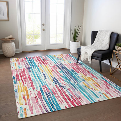 9' X 12' White Pink And Teal Blue Striped Washable Indoor Outdoor Area Rug
