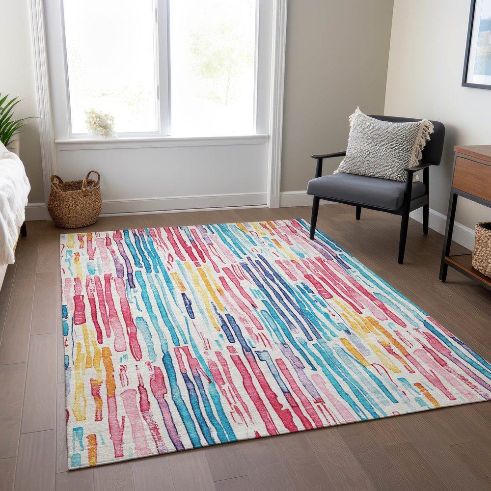 9' X 12' White Pink And Teal Blue Striped Washable Indoor Outdoor Area Rug