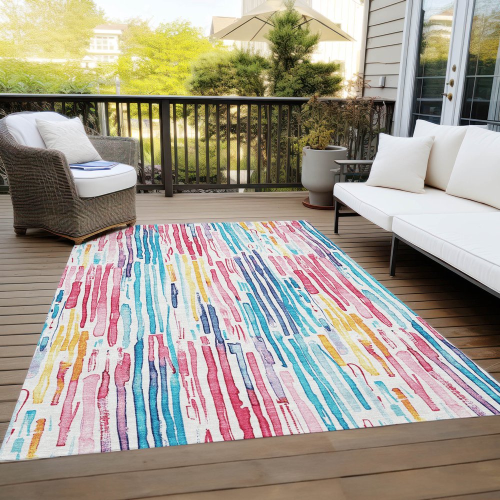 9' X 12' White Pink And Teal Blue Striped Washable Indoor Outdoor Area Rug