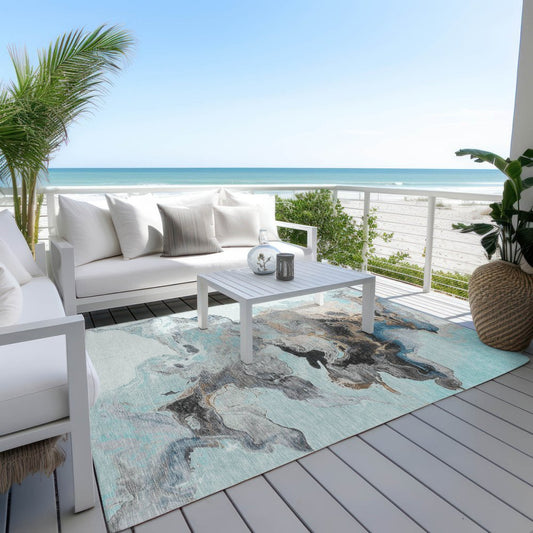 9' X 12' Teal Blue Gold And Gray Abstract Washable Indoor Outdoor Area Rug