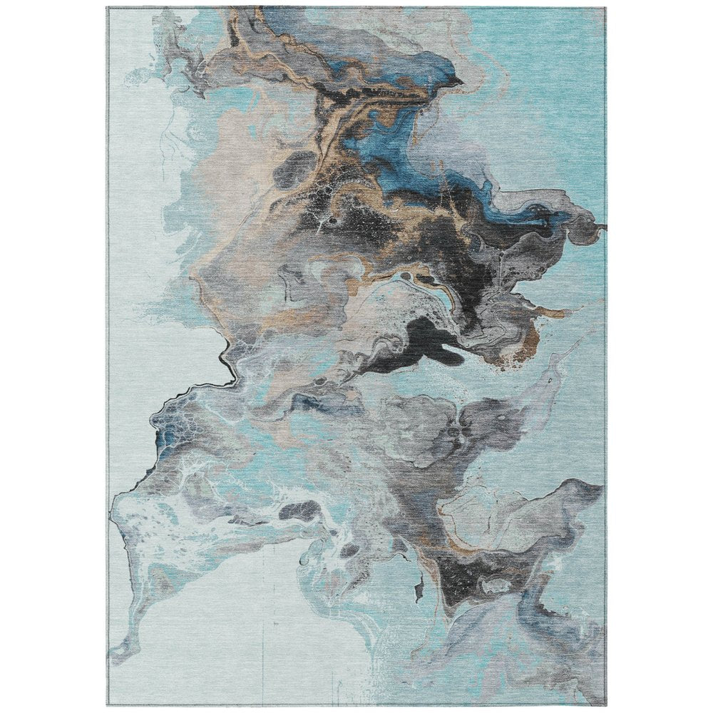 9' X 12' Teal Blue Gold And Gray Abstract Washable Indoor Outdoor Area Rug